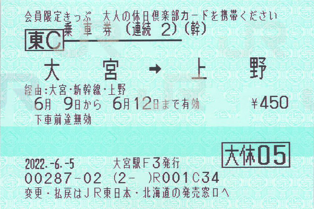 大宮駅から上野駅ゆき連続乗車券