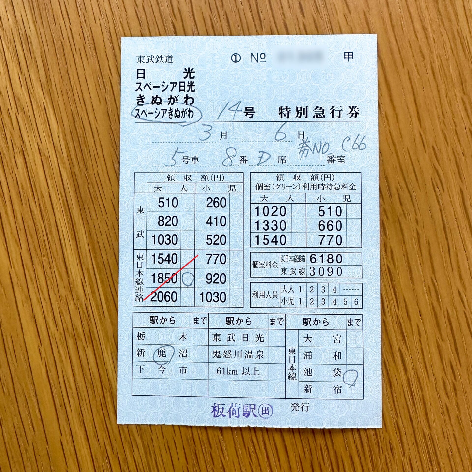 JR東武連絡特急車内特急券