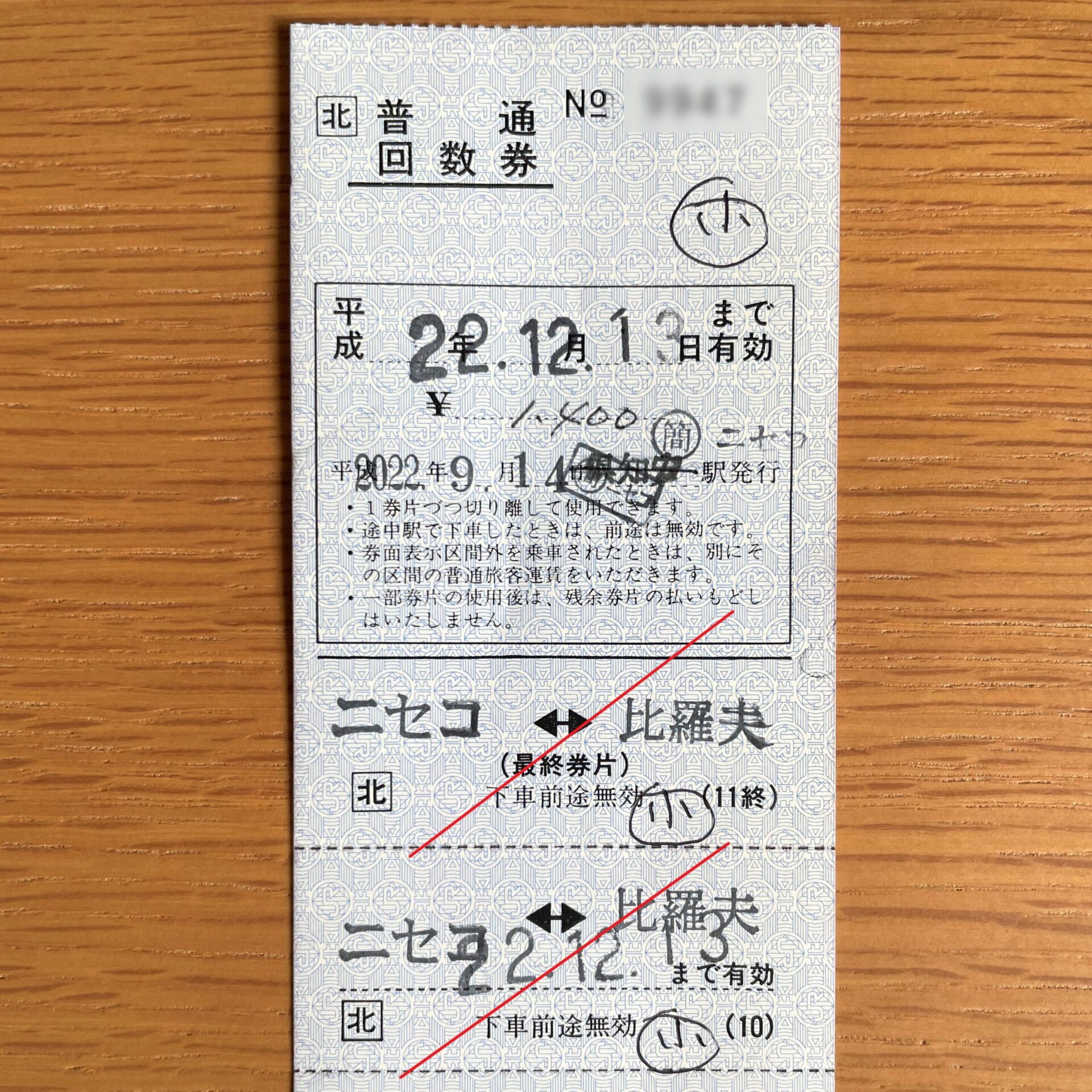 ニセコ駅発行普通回数券