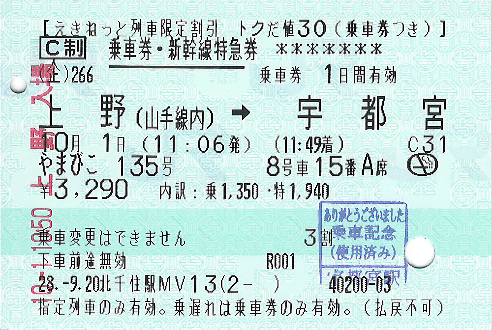 東京山手線内から宇都宮駅ゆきトクだ値