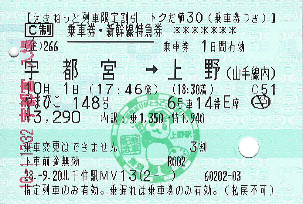 宇都宮駅から東京山手線内ゆきトクだ値