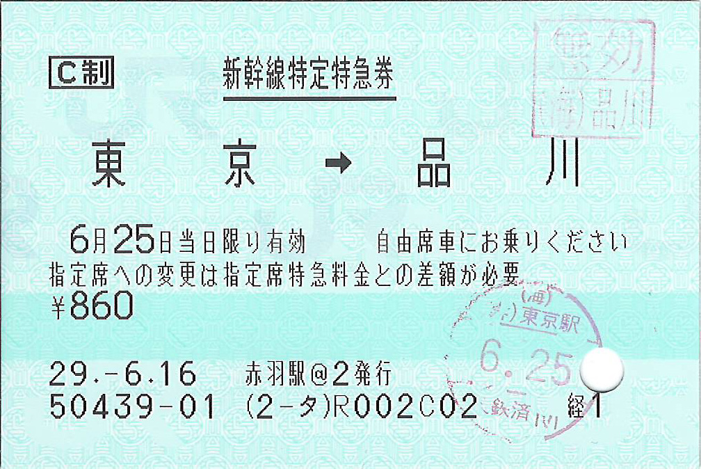 東京駅から品川駅ゆき新幹線特急券