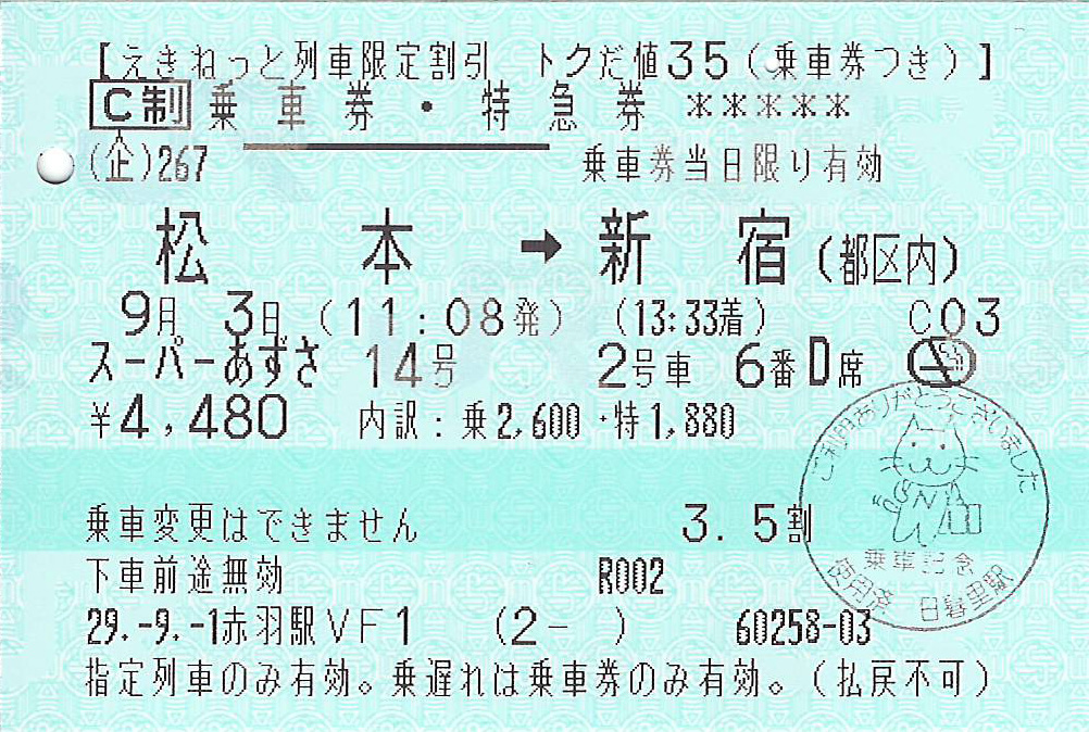 スーパーあずさ号特急券