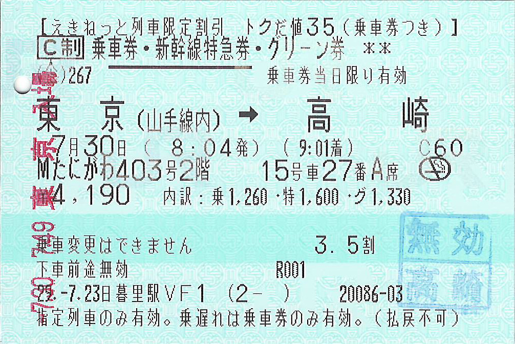 東京駅から高崎駅ゆき特急券