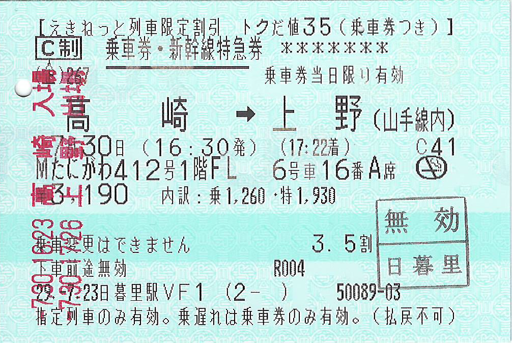 高崎駅から上野駅ゆき特急券