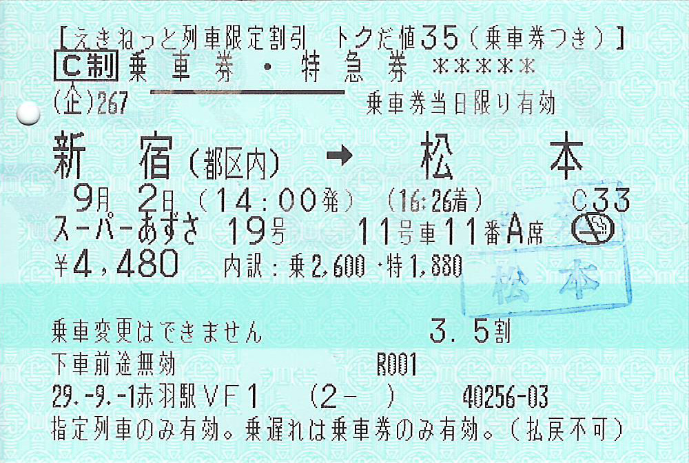 スーパーあずさ号特急券