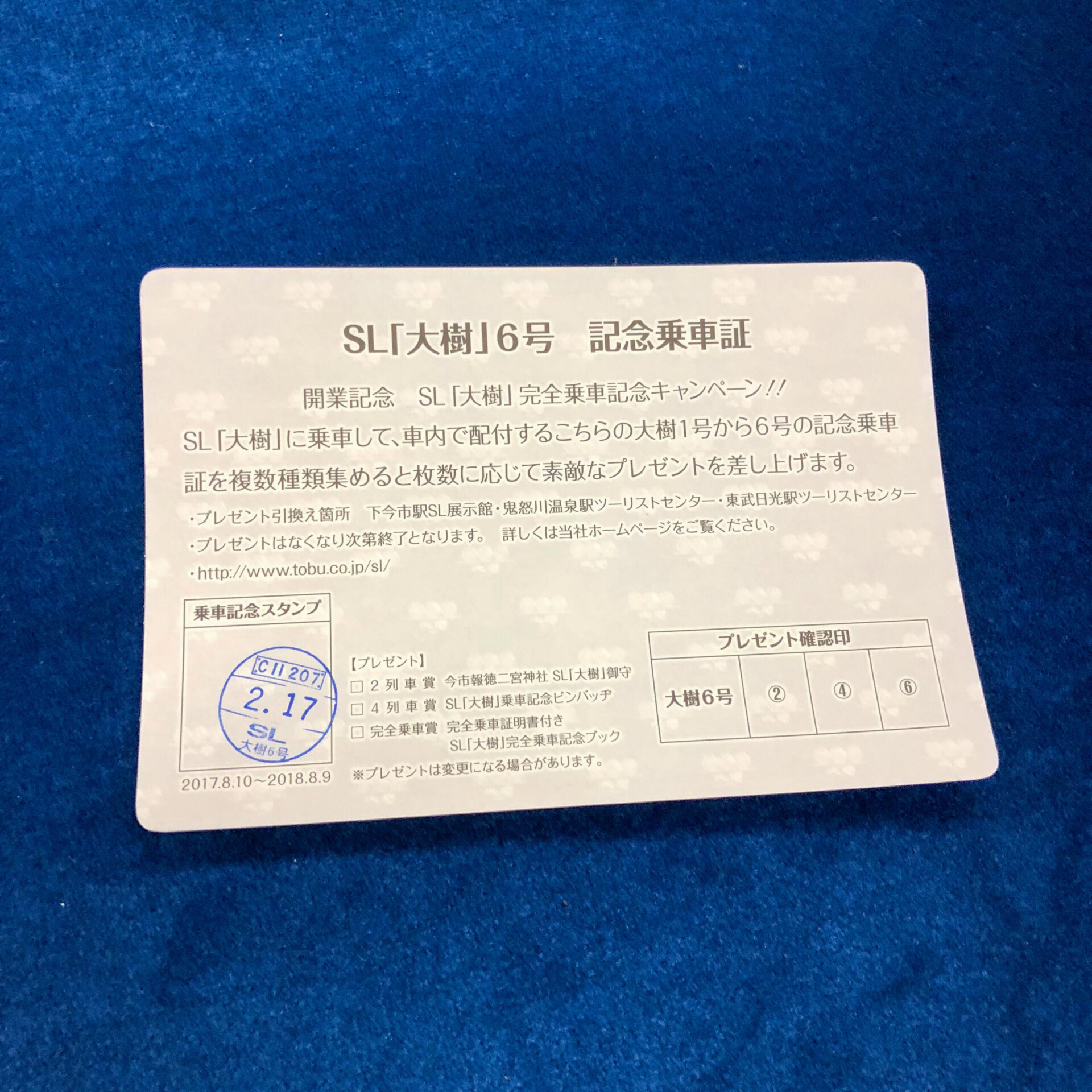 SL大樹記念乗車証