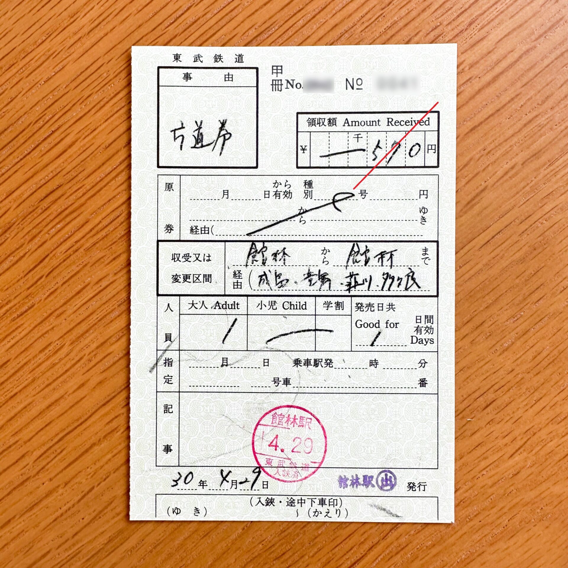 館林駅から館林駅ゆき普通乗車券