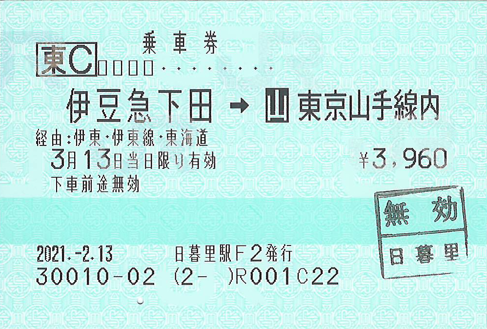 伊豆急下田駅から東京山手線内ゆき乗車券