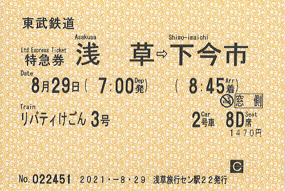 浅草駅から下今市駅までの特急券