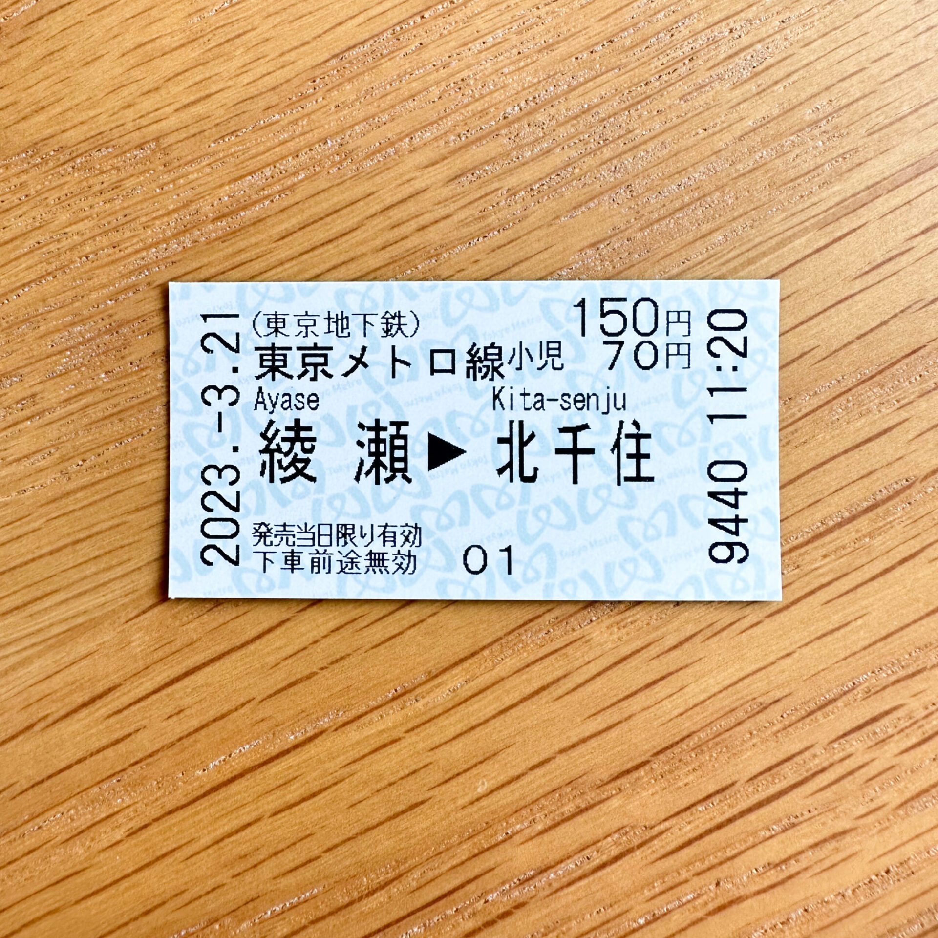 綾瀬駅発北千住駅行き乗車券