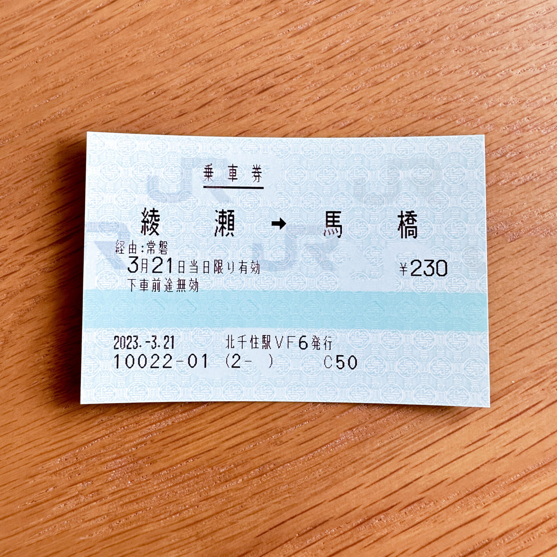 常磐線各駅停車綾瀬駅から馬橋駅行き乗車券
