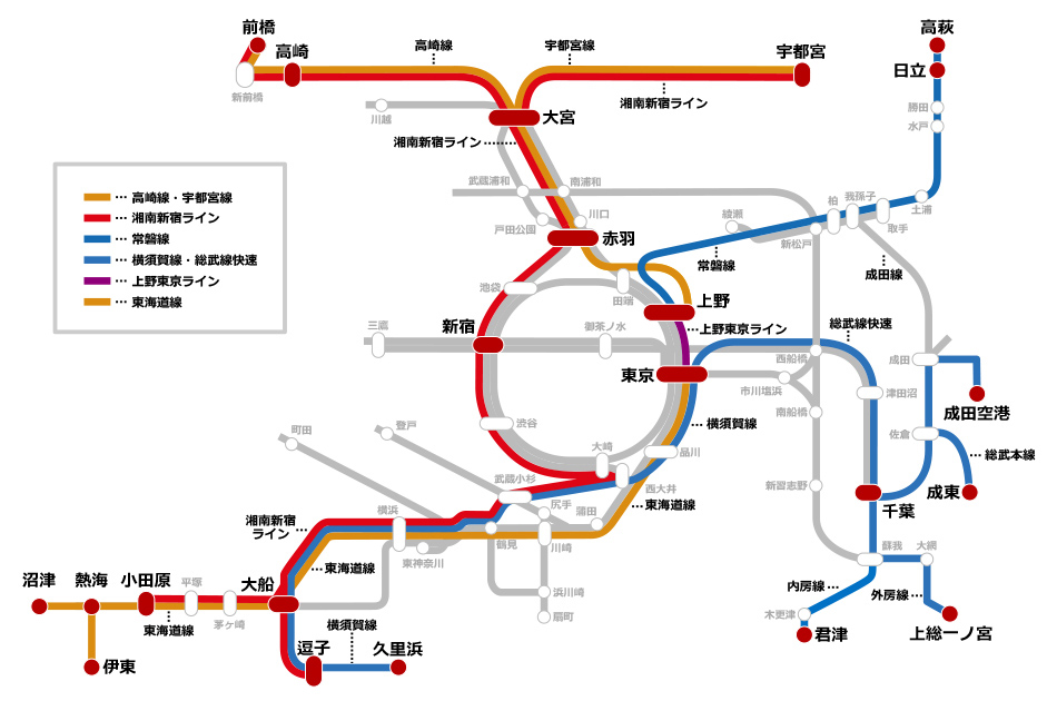 普通列車グリーン車連結区間の範囲の図