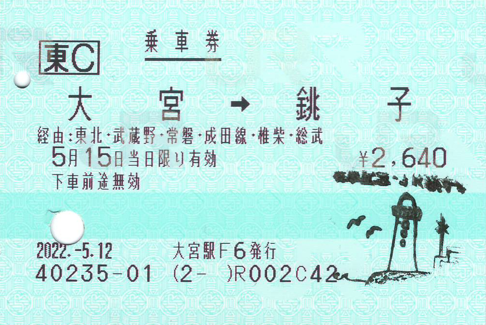 大宮駅から銚子駅ゆき乗車券