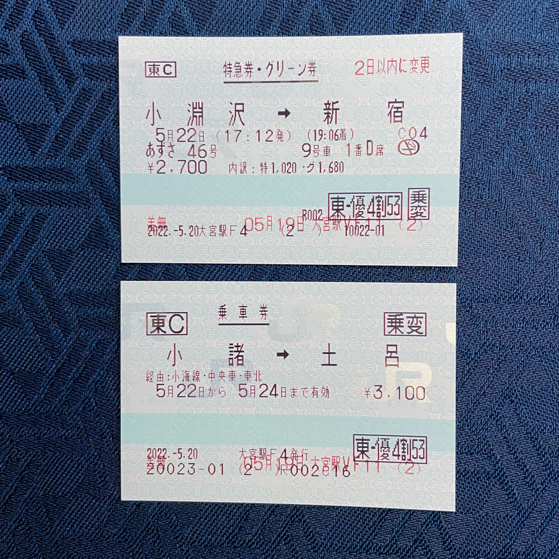 株主優待かえりのグリーン券と乗車券