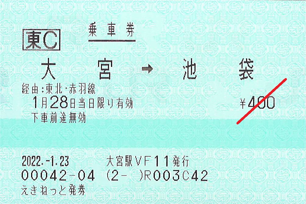 大宮駅から池袋駅ゆき乗車券
