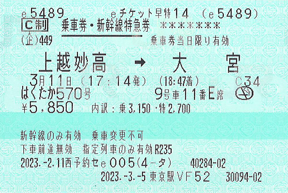 eチケット早得14紙のきっぷのイメージ