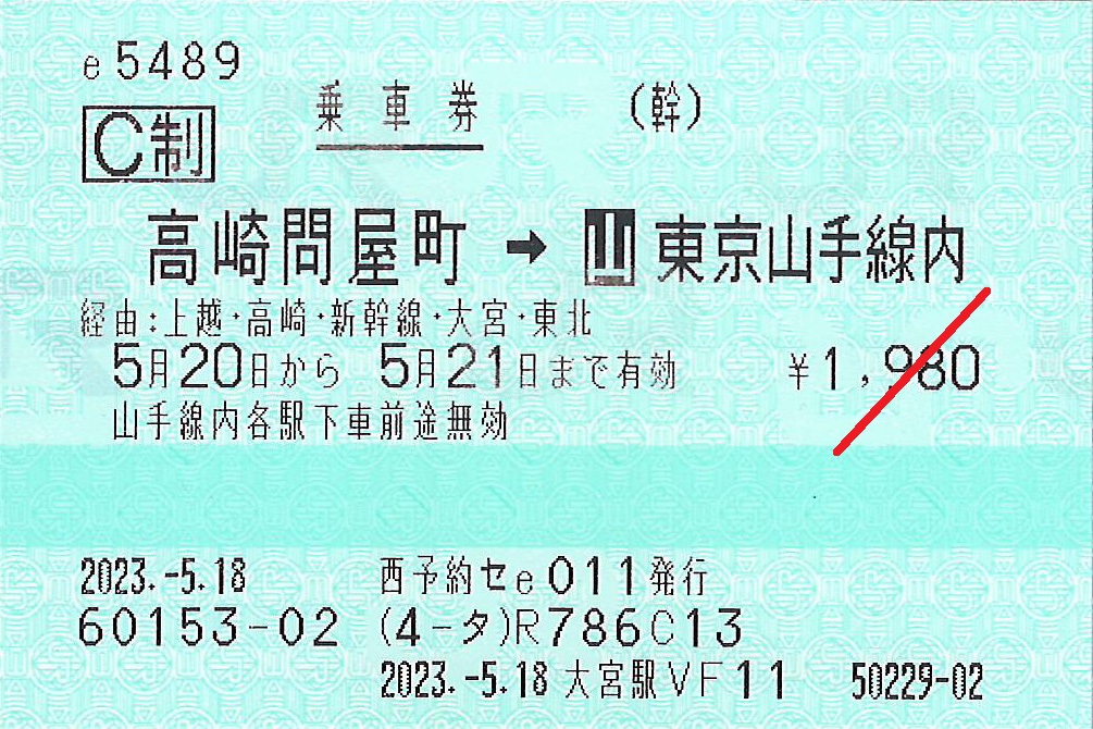 高崎問屋町から東京山手線内ゆき普通乗車券