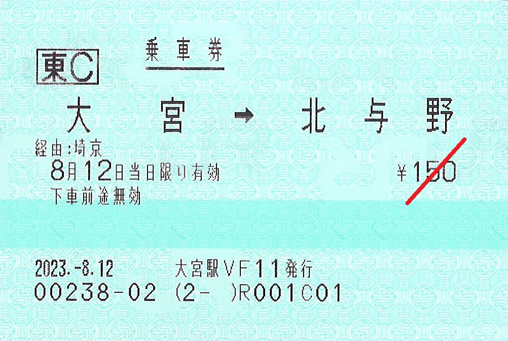 大宮駅から北与野駅ゆき普通乗車券