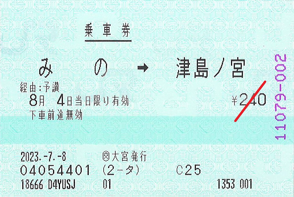 みの駅から津島ノ宮駅ゆき普通乗車券