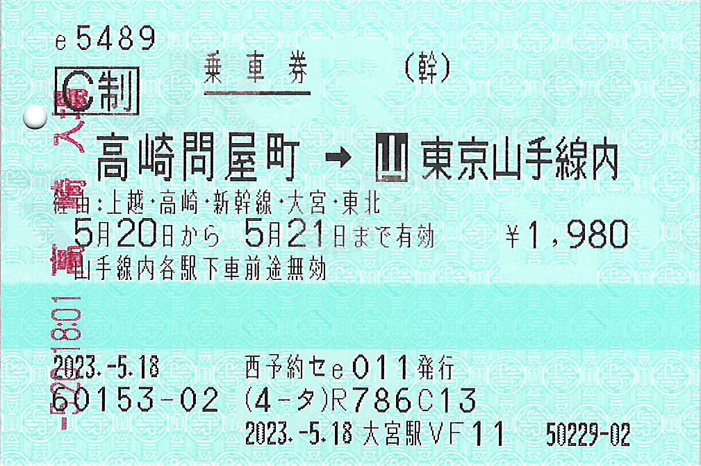高崎問屋町駅から東京山手線内ゆき普通乗車券