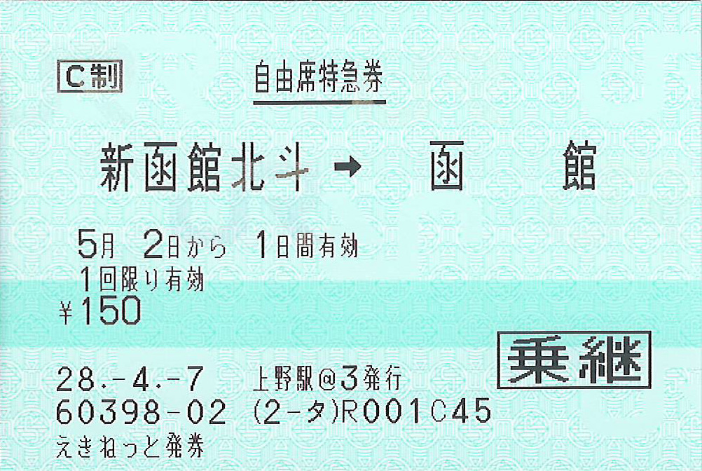 新函館駅から函館駅ゆき自由席特急券
